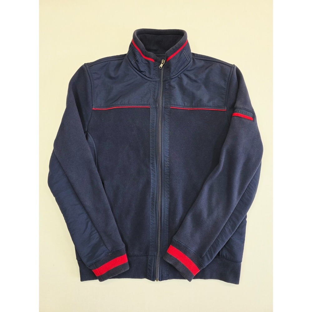 Tommy Hilfiger Men's Medium Navy Full Zip Track Jacket Red Piping Fleece Lined